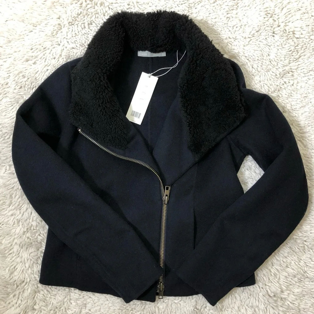 NWT $750 Vince Shearling Trimmed Fur Lined Wool Blend Moto Jacket in Black